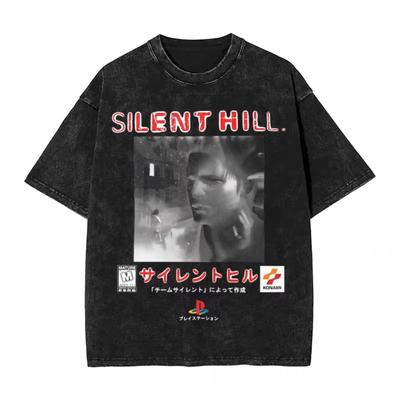 Silent Hill 1 Cover Art Design Washed T-Shirt Men Horror Movie Vintage T-Shirts Beach O Neck Tee Shirt Simple Plus Size Clothes