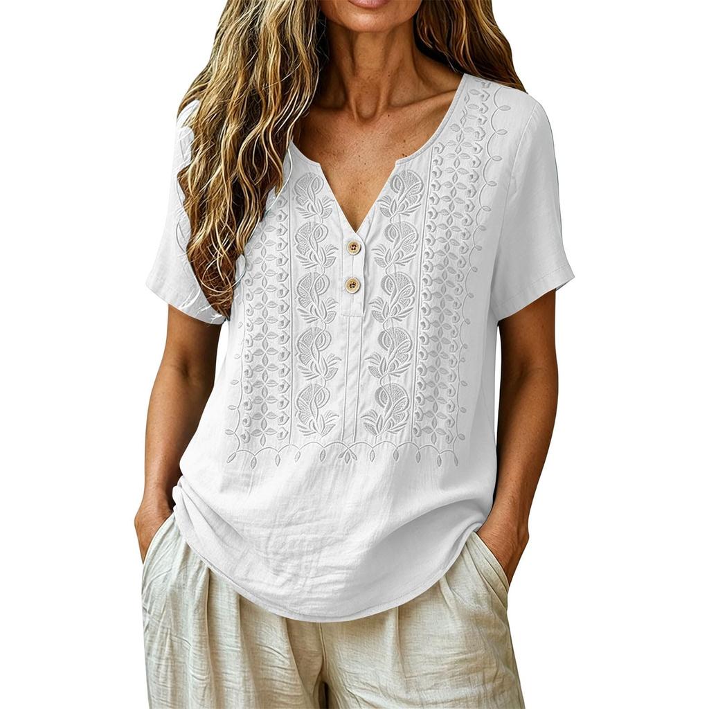 Women V Neck Embroidered Short Sleeve Blouse Casual Loose Fit Button Front Summer Top Lightweight Comfortable Shirt