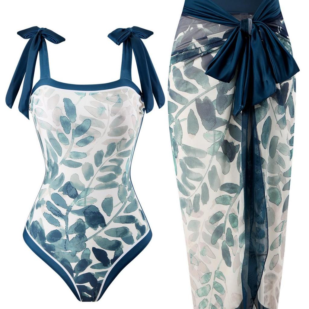 2026 European American Slim-Fit Strappy One-Piece Swimsuit with Mesh Skirt 2-Piece Set