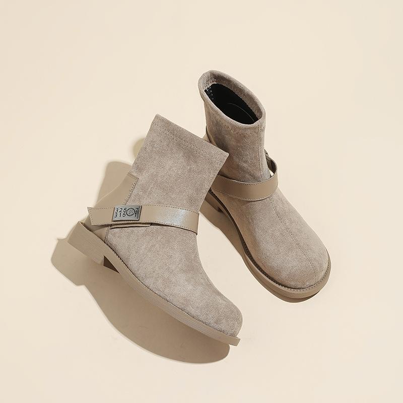 British style matte suede thin boots 2025 autumn and winter new belt buckle flat thick heel retro Martin boots short boots