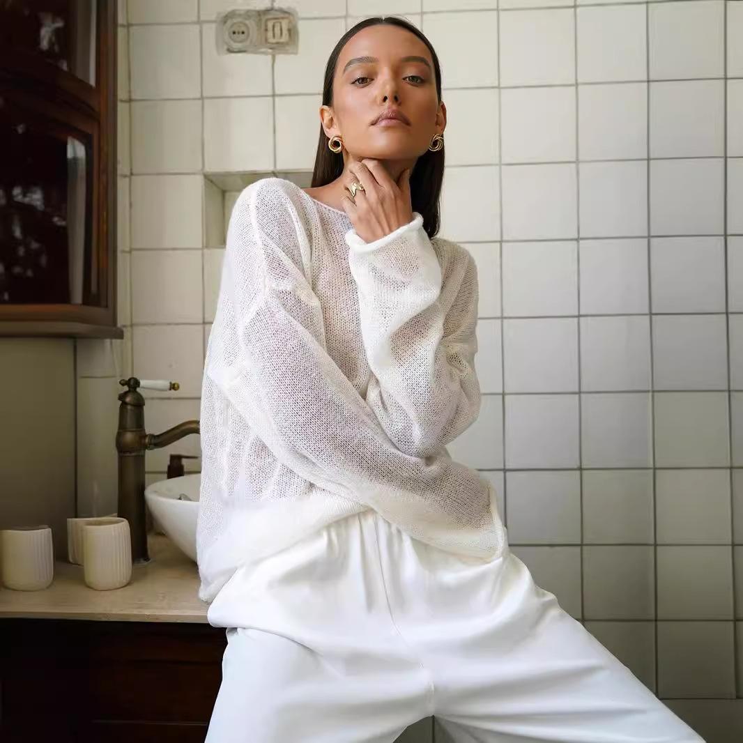 Женский свободный вязаный свитер, тонкий прозрачный свитер, женский модный свободный пуловер S белый