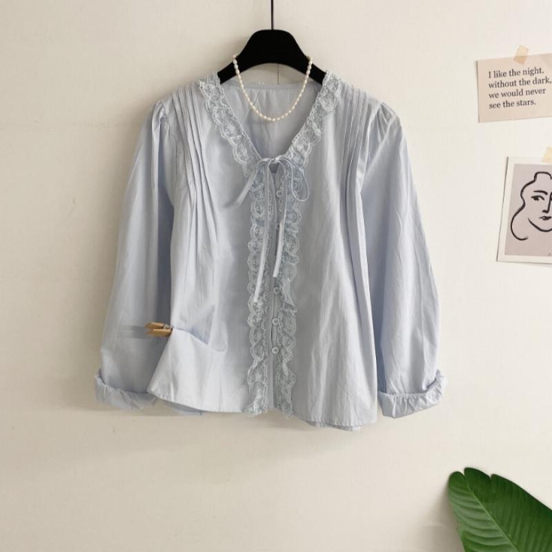 Honey J V Neck Ribbon Shirring Pintuck Lace Blouse 3color