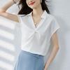 Sweet Summer New Arrival K-style Lake Blue V-neck Satin Fashion Commuter with Shoulder Short Sleeve Shirt Top Easiest for Match Female