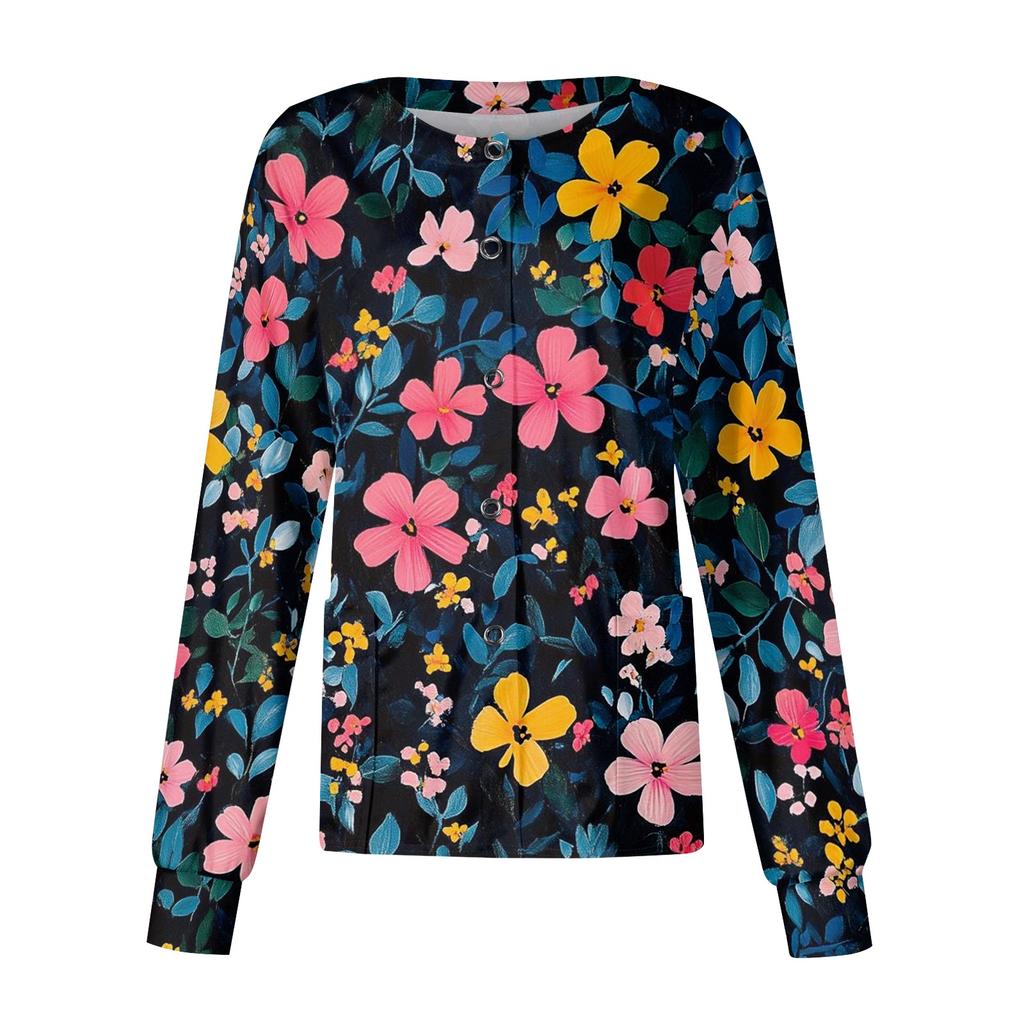 Women's Long Sleeve Button Front Floral Print Medical Scrub Top Lightweight Comfortable Fit Nursing Uniform Shirt