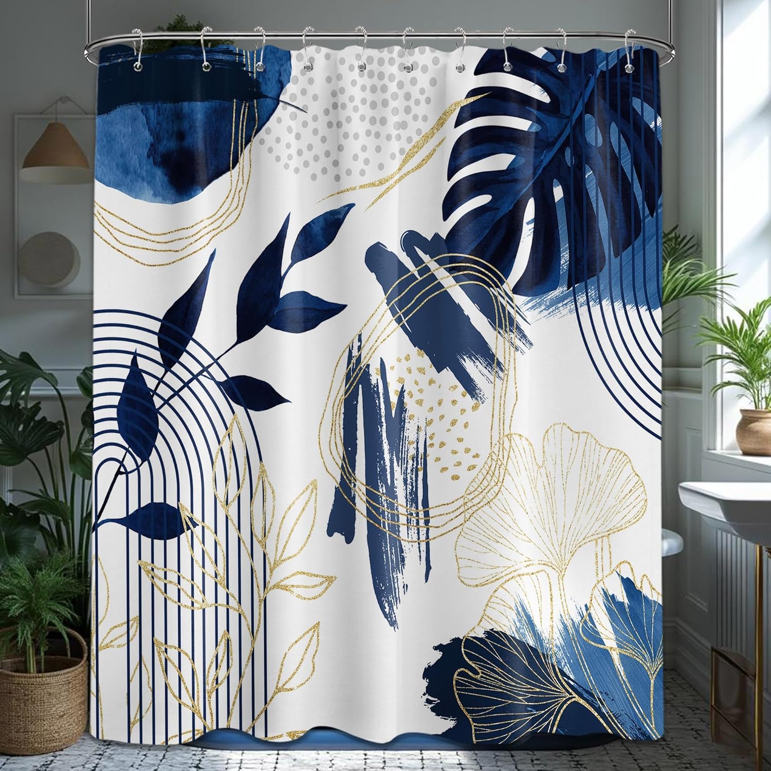 

Navy Blue Boho Leaf Shower Curtain – Mid-Century Modern Abstract Design, Stylish Men’S Bathroom Decor 12Pcs Hooks 71X71In W60H190(CM)-1 Pcs