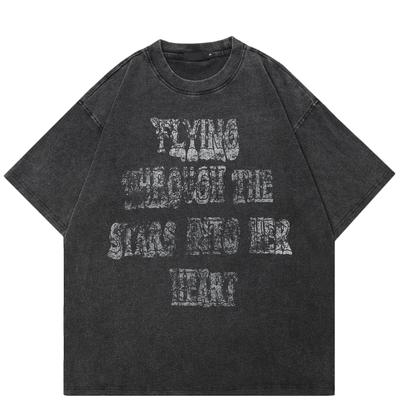 Maglietta grafica con lettere streetwear, maglietta nera lavata in cotone, unisex, magliette estive a maniche corte