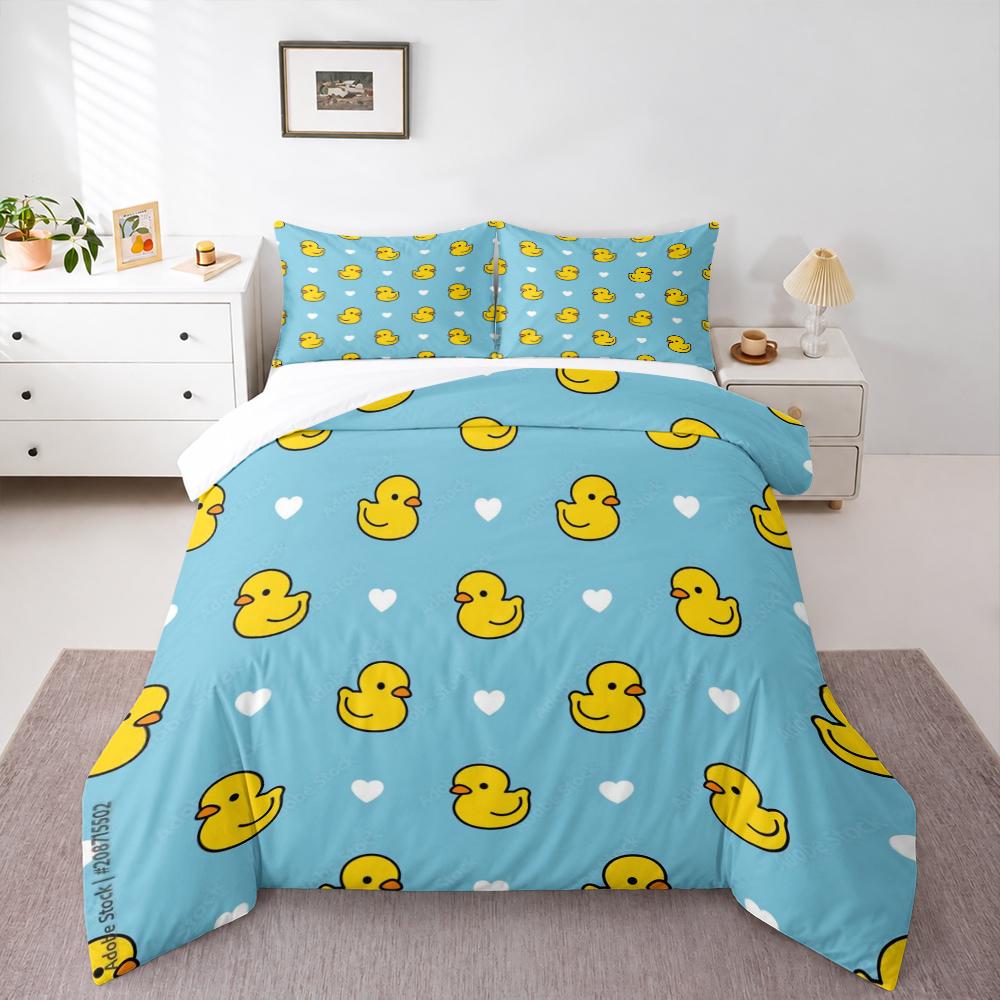 Yellow Rubber Duck Hearts Pattern Bedding set (1 duvet cover, 2 pillowcases, duvet not included), Cute Blue Cartoon Duck Art Print