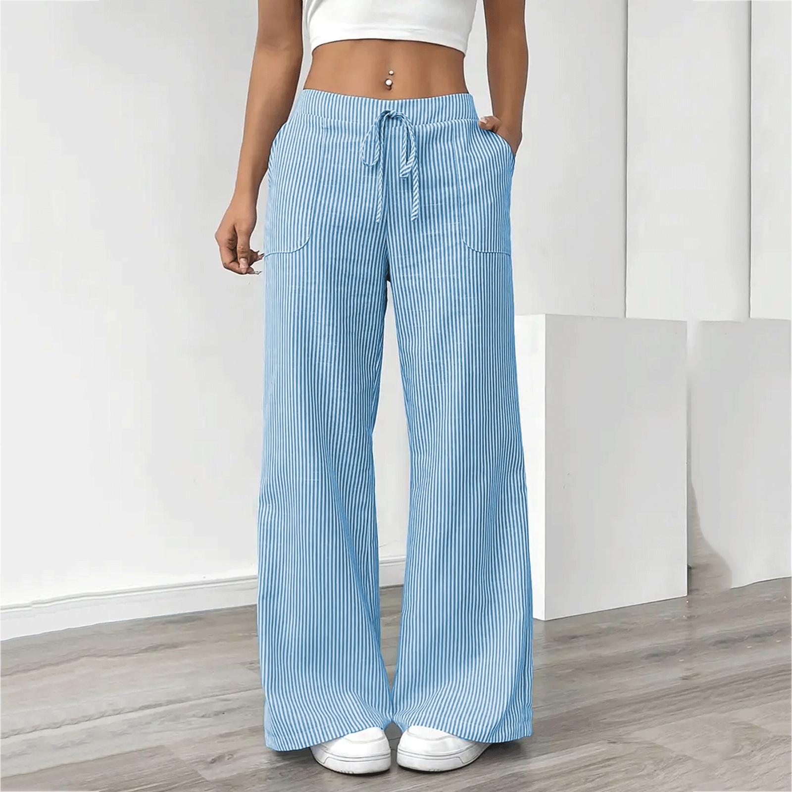 

Women s Casual Fashion Versatile Striped Loose Wide-leg Drawstring Trousers XL синий