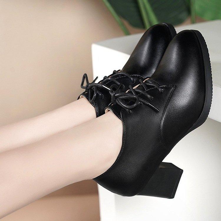 Round head high heels single shoes autumn new temperament lace-up deep mouth waterproof table