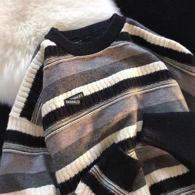 Unisex Striped Crew Neck Knitted Sweater - Autumn/Winter Trend, Hong Kong Style, Loose Fit, Versatile and Cozy.
