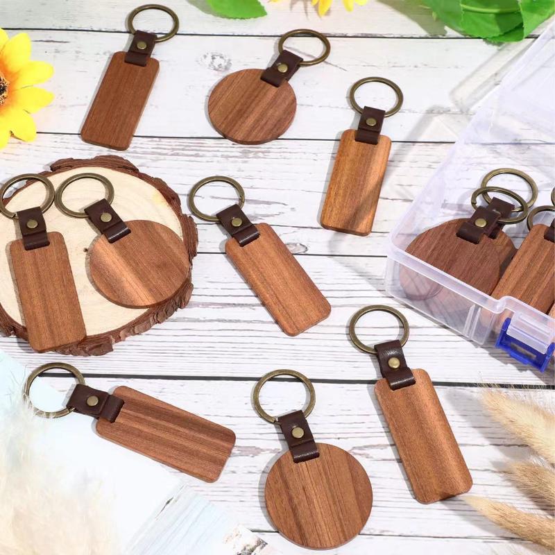 10 Stück Leere Holzschlüsselanhänger Mit Graviertem Muster Schlüsselringe Malerei Bastel Schlüsselkette Runde/Rechteckige Schlüsselanhänger Dekoration