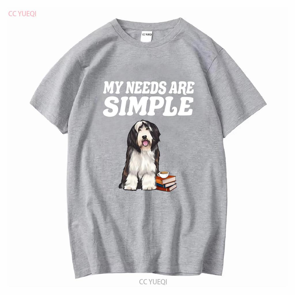 Bearded Collie T-Shirt Meine Bedürfnisse sind einfach Hund Kaffee Lesen Buch Lang- oder Kurzarm Vintage Gewaschen Dehnbar Unisex