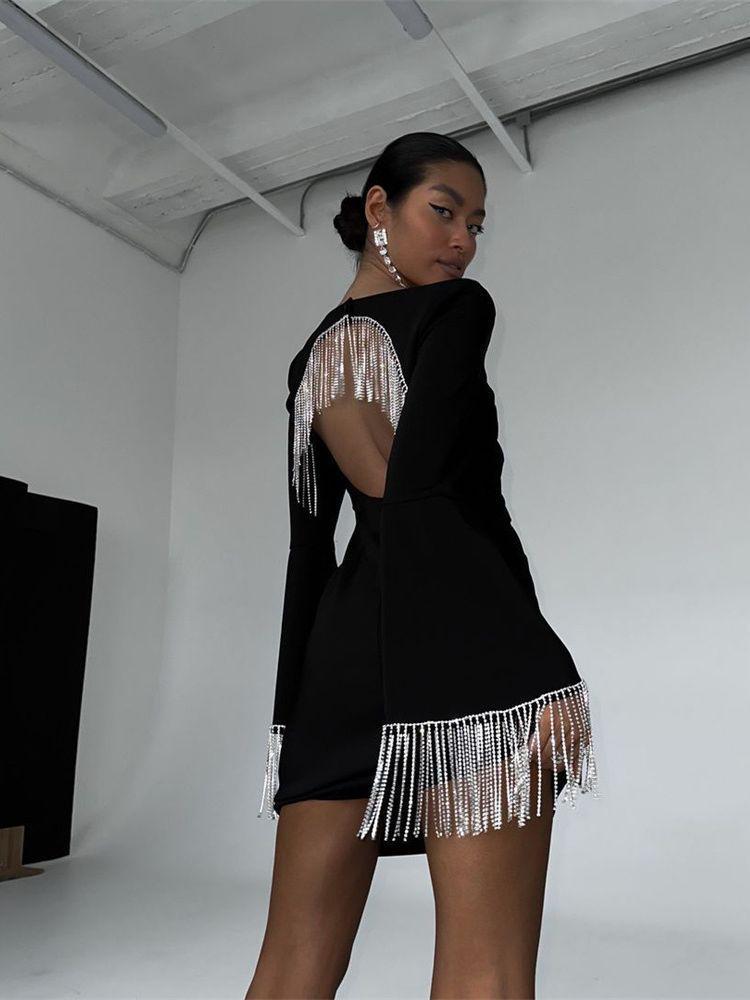 European & American Tassel Fashion Black Midi Dress with Trumpet Sleeves and Open Back, 2024 Collection