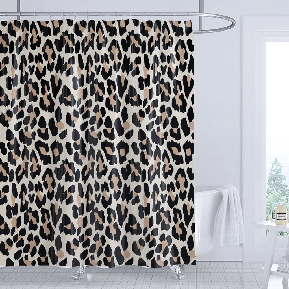 1Pc Shower Curtain Fashion Leopard Print Waterproof Bathroom Curtain Stylish Leopard Partition Curtain Bath Curtains With Hooks