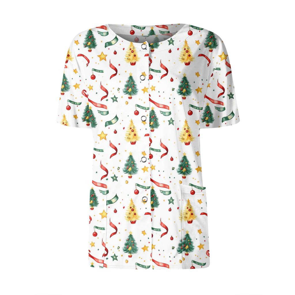 Women's Short Sleeved Patterned Pockets, Work Print Stand Up Collar, Single Breasted Protective Clothing, Cardigan Jacket, Top