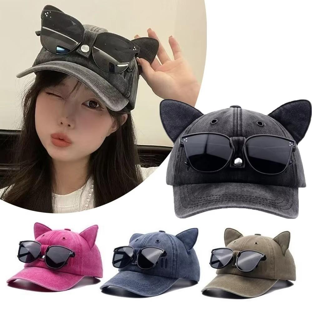 Cute Cat Ears Baseball Cap Breathable Duck Tongue Cap Fashion Sunshade Cap with Sunglasses  Travel