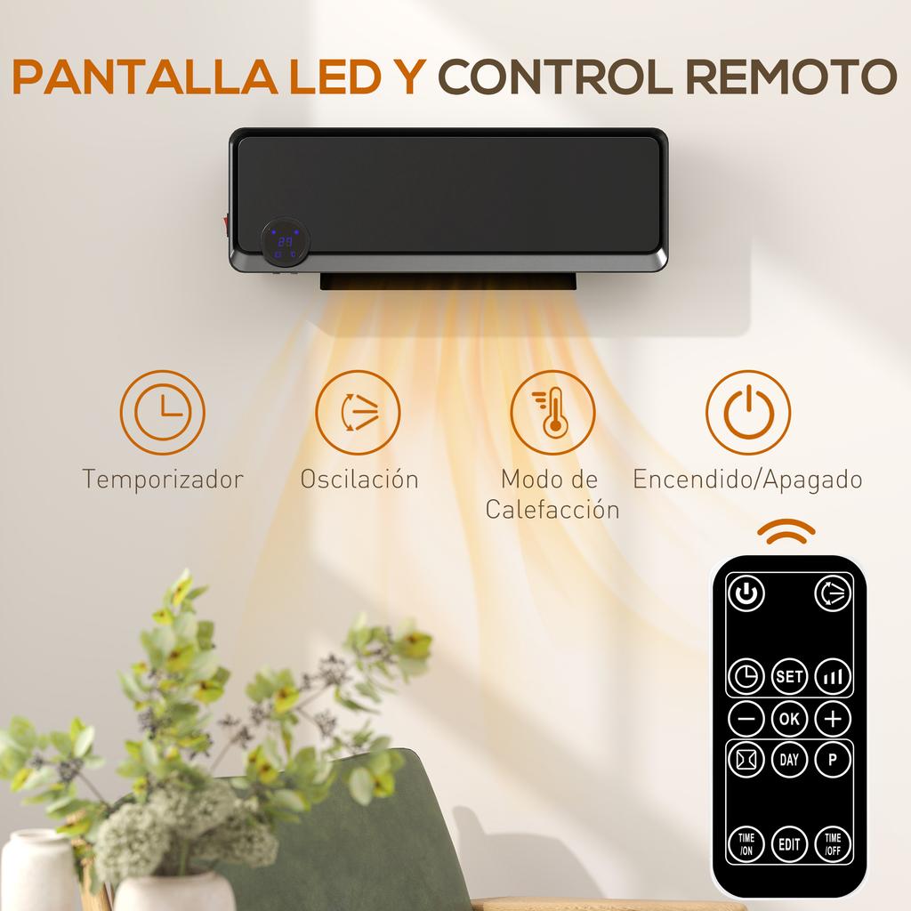 Electric Wall Heater 1000W/2000W Stove with LED Display IPX2 and Remote Control 56x11.7x18.5 Cm Black