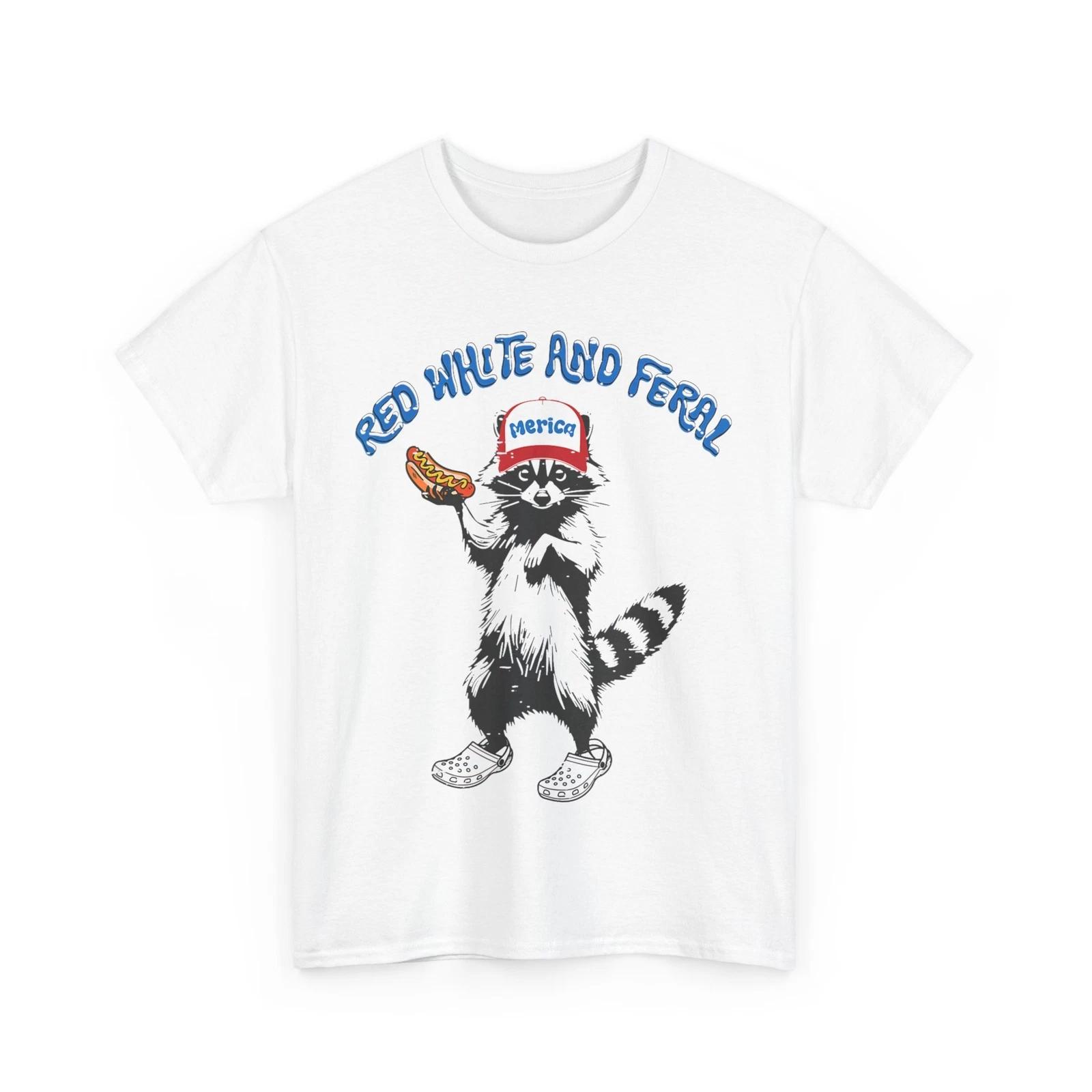 4th of July Shirt, Funny Raccoon Red White And Feral Women Men T-Shirt S