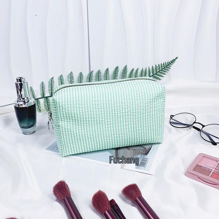 Personalized Seersucker Embroidered Striped Makeup Bag for Travel & Toiletries