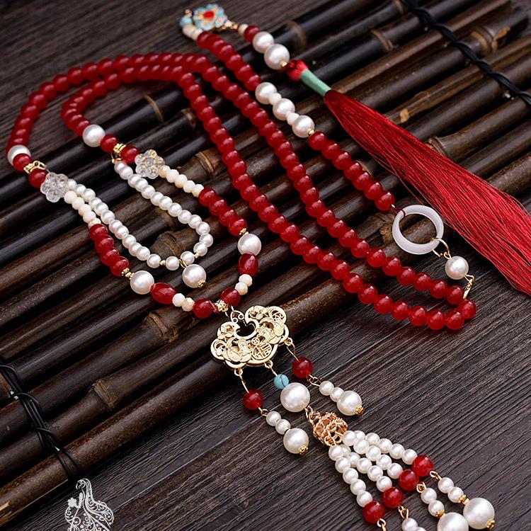 Bright Red Long Tassel Hanfu Necklace - Ethnic Style Yinglu Accessories for Women