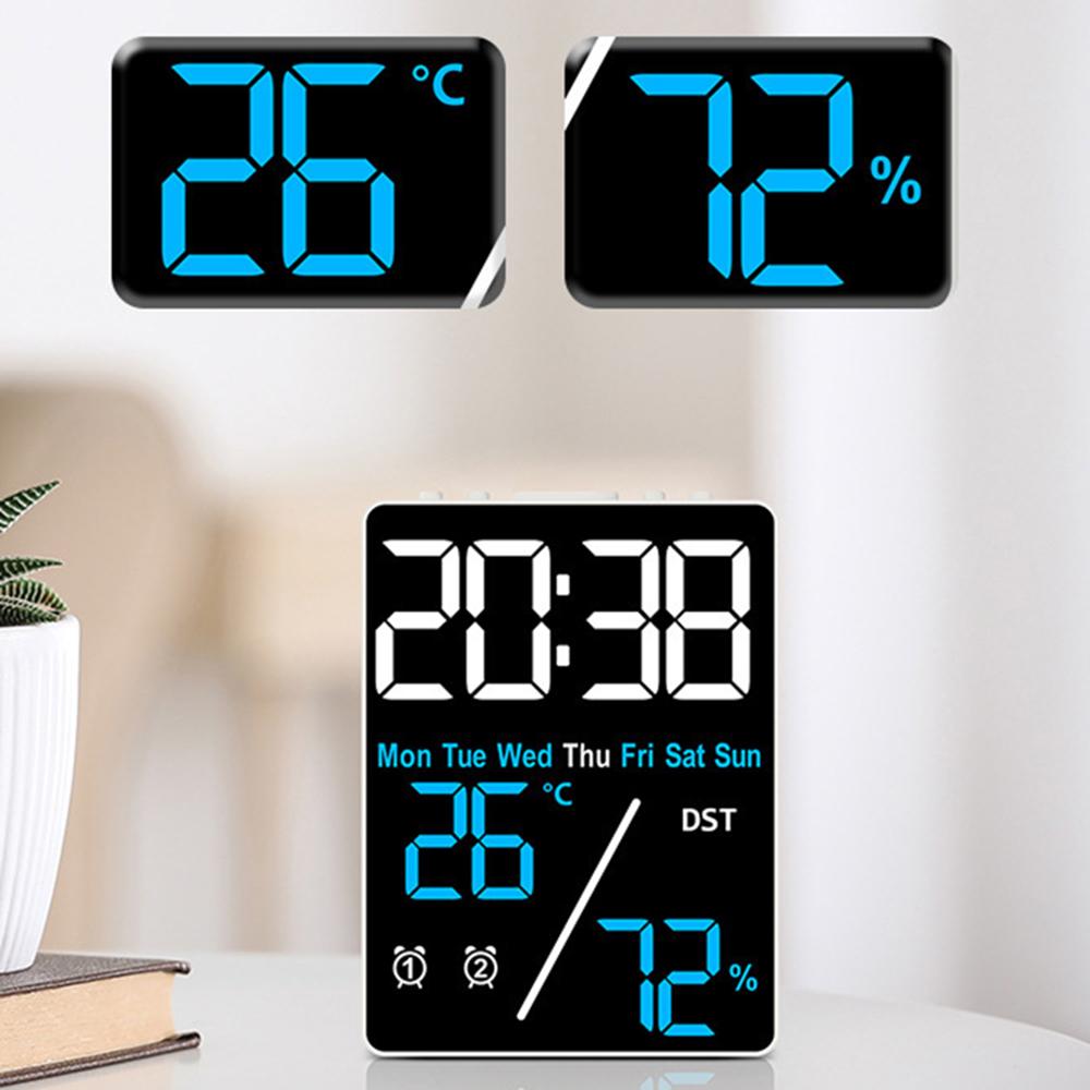 Digital Alarm Clock TEMP Humidity Date Week Disply 2 Alarm Snooze Electronic Table Clock 3-level Brightness 12/24H DST LED Clock