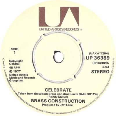 7inch Record BRASS CONSTRUCTION - Celebrate UP36389 United Artists  1977 UK Soul/Funk Used