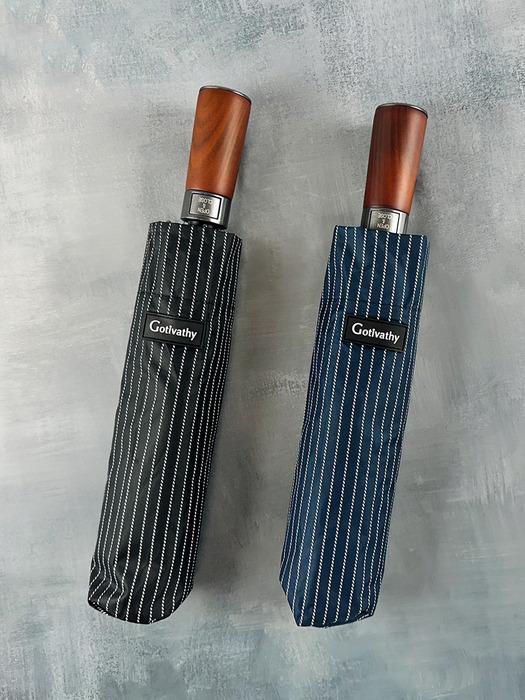 Gotivathy Striped Wood Folding 3-Stage Automatic Umbrella Luxury Parasol UV Protection Navy