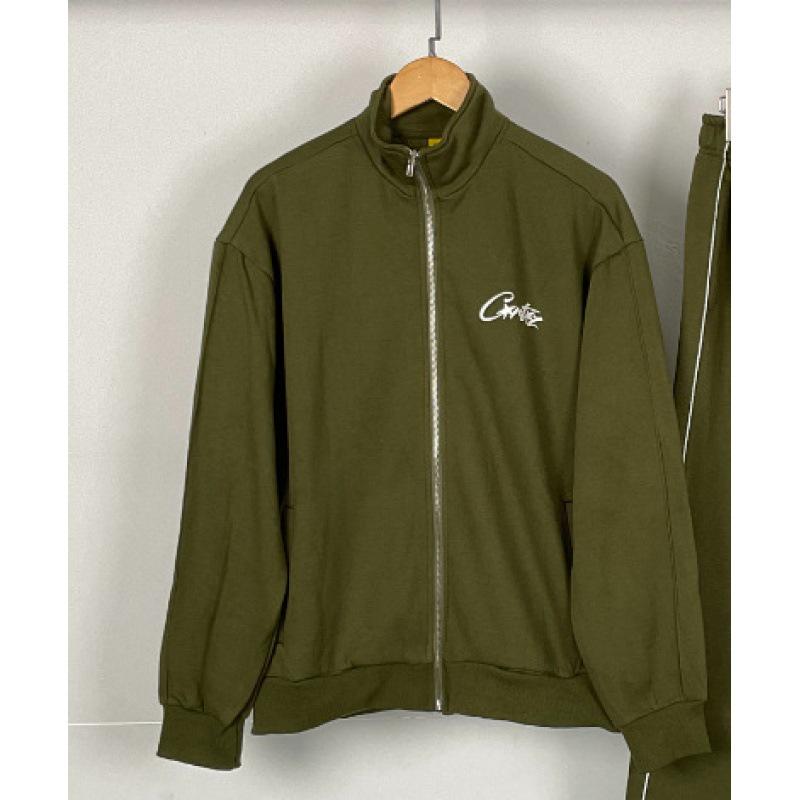 Conjunto de Chaqueta y Pantalones Retro de Calle Unisex con Estampado de Diablo, Cuello Alto y Cierre de Cremallera.