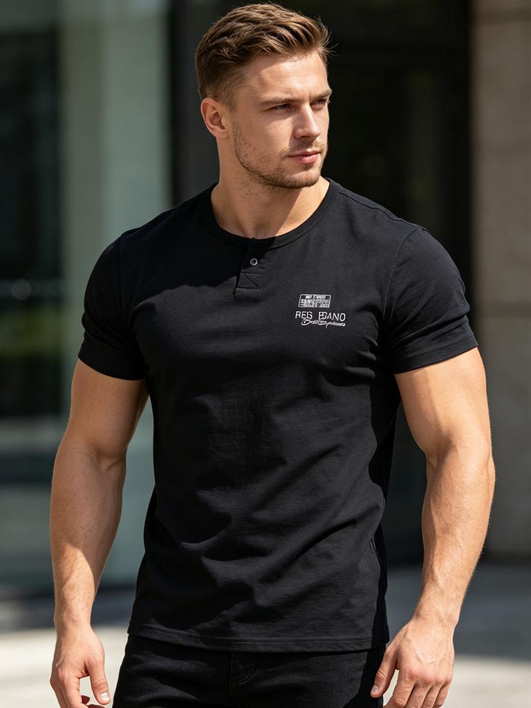 Men's Plus Size Henley T-Shirt (Up to 6XL) - 95% Cotton Short Sleeve Crew Neck Tee with Chest Logo - Big and Tall Casual Summer Top