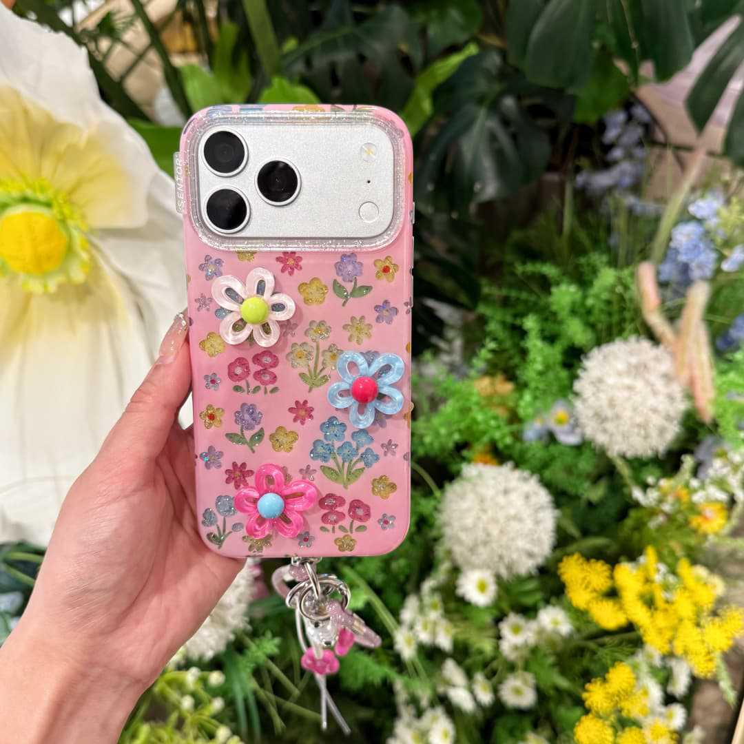 

Korean-Style 3D Floral iPhone 15/16/17 Pro Max Case with Lanyard & Drop Protection iPhone 17 Pro