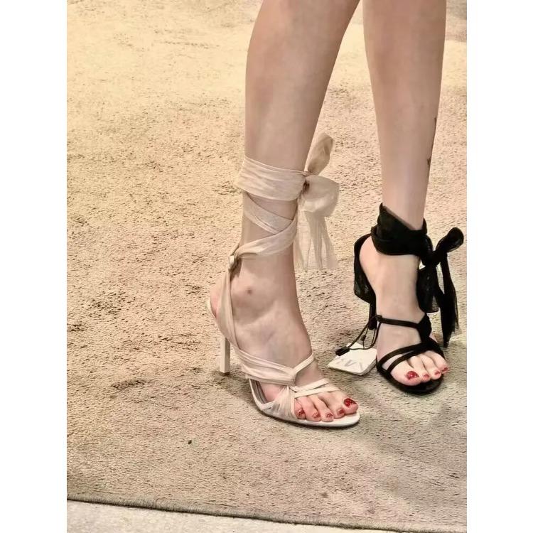 Women Peep Toe Cross-tied Ankle Strap Sandals Lady Stiletto High Heels Banquet Party bohemian umps Shoes summer  Bow leisure