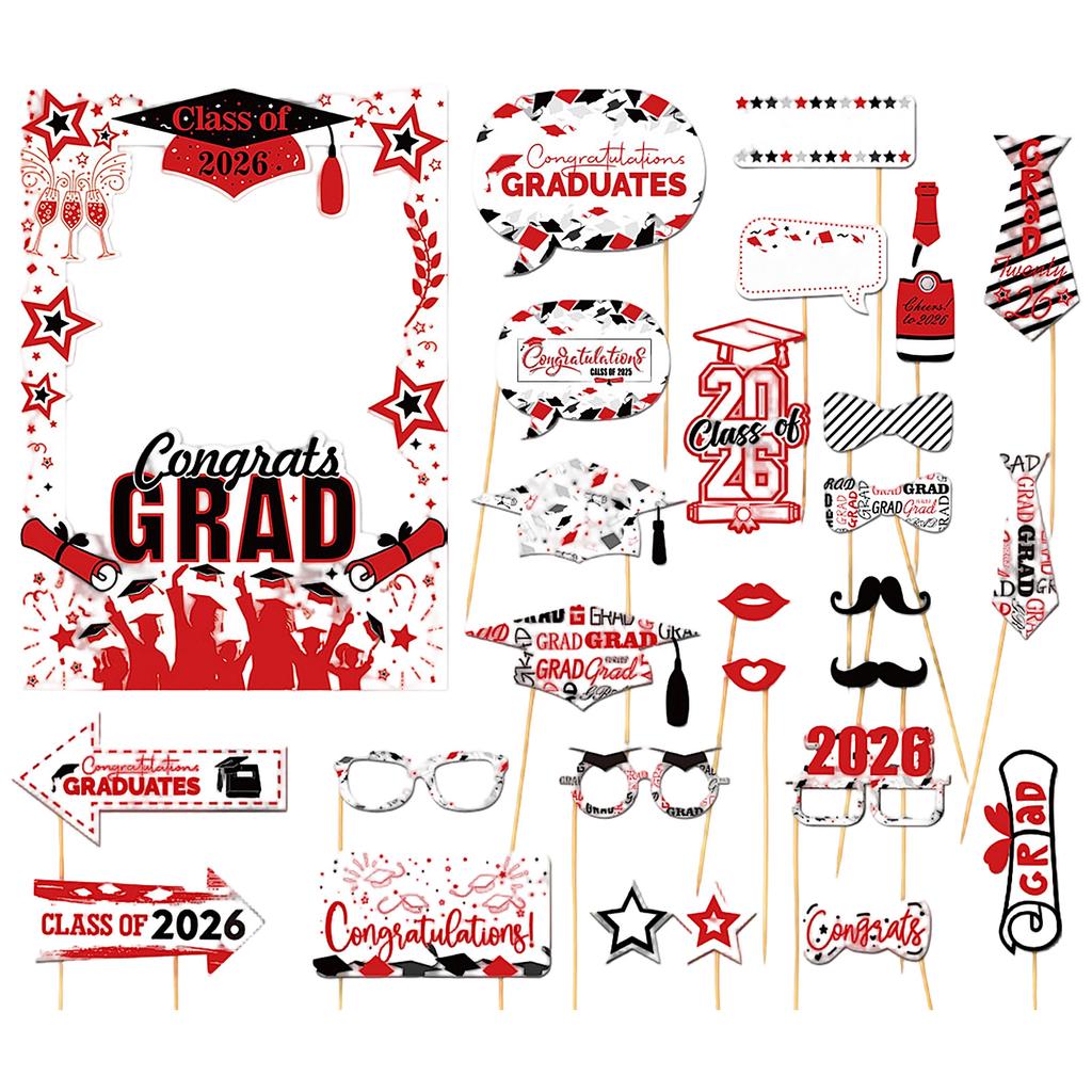 Graduation Party Photo Booth Props Set for Class of 2026 with Glasses Hats Signs and Decorative Accessories for Graduation Events