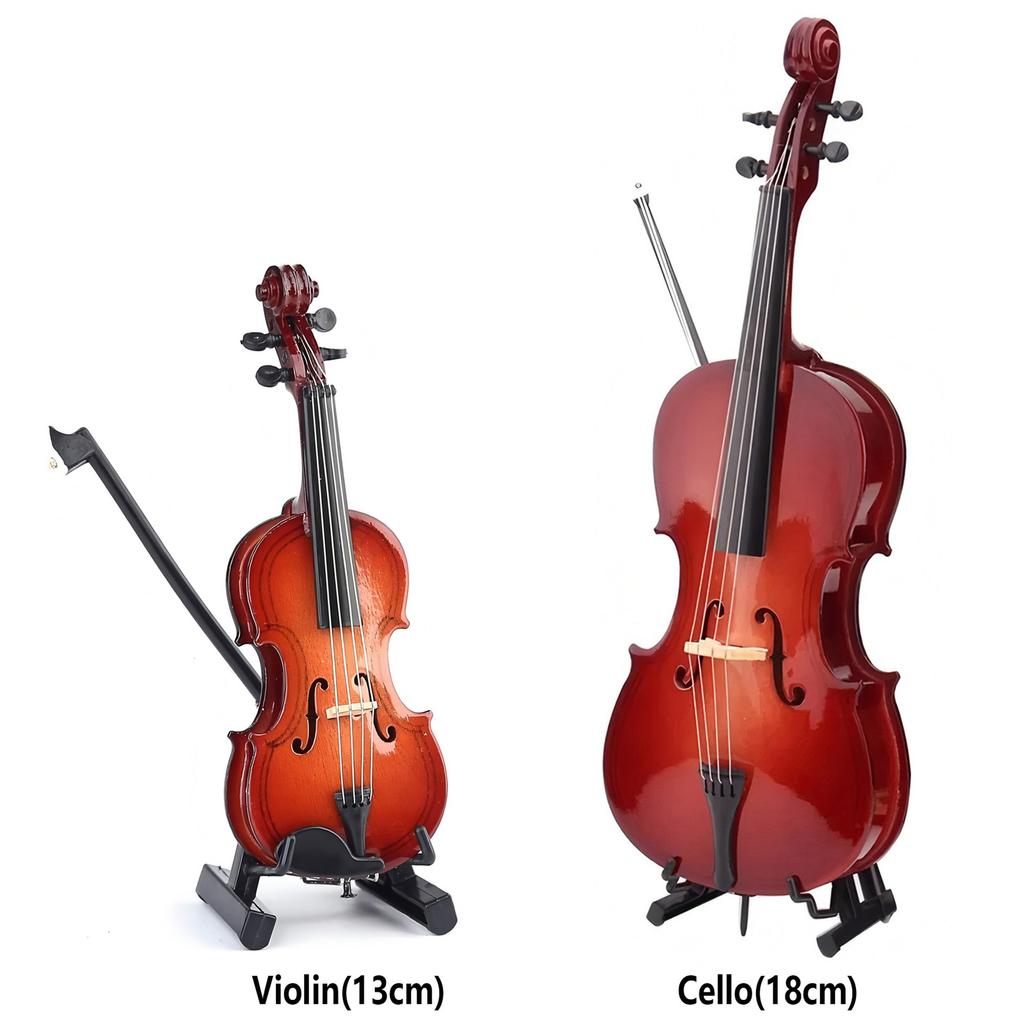 2-Piece Set Wooden Mini Violin Cello Model Violin Instrument Model Gifts Home Ornaments