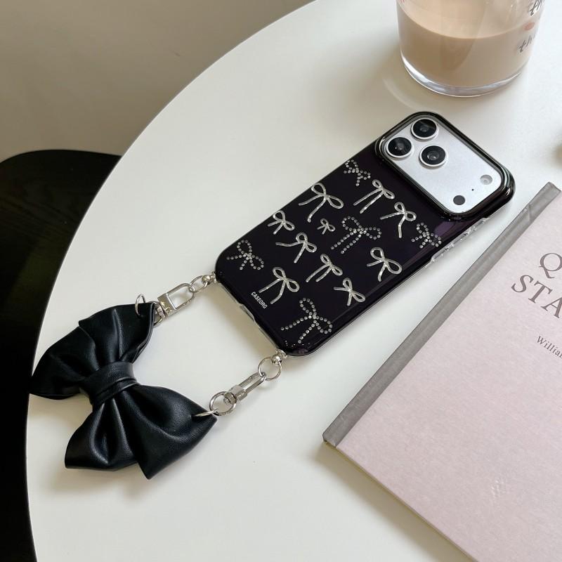 Cute Butterfly Knot Handheld Phone Case IPhone 17 Pro Max - Soft TPU Gel Cover With Chain Strap Pink White Black