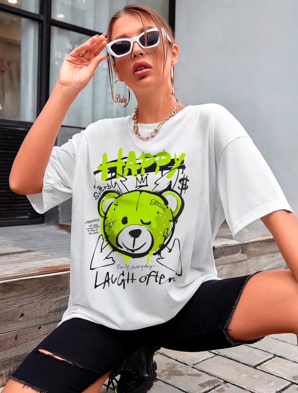 

2025 Hong Kong Style Women s Cartoon Bear Graffiti Short-Sleeve Tee - Casual Hip-Hop Couples Top S