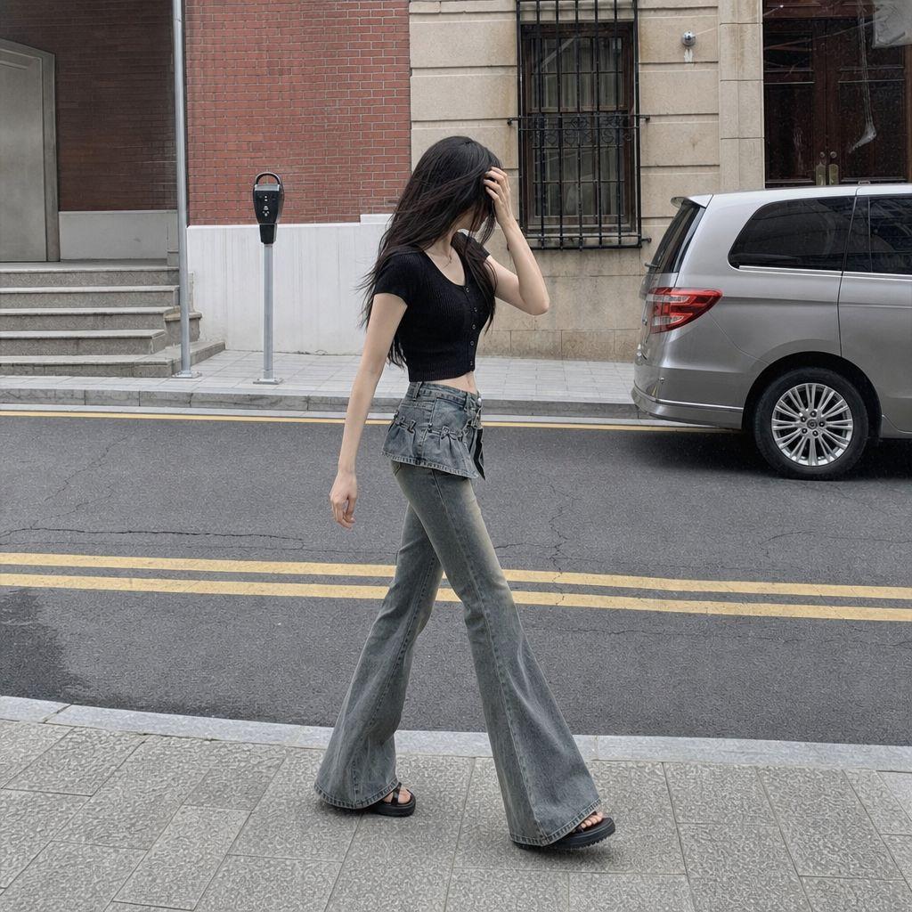 American Retro Micro-pull Jeans for Women's Summer High Waist and Thin Spice Girl Design Sense New Versatile Slim-fitting Floor-mopping Trousers