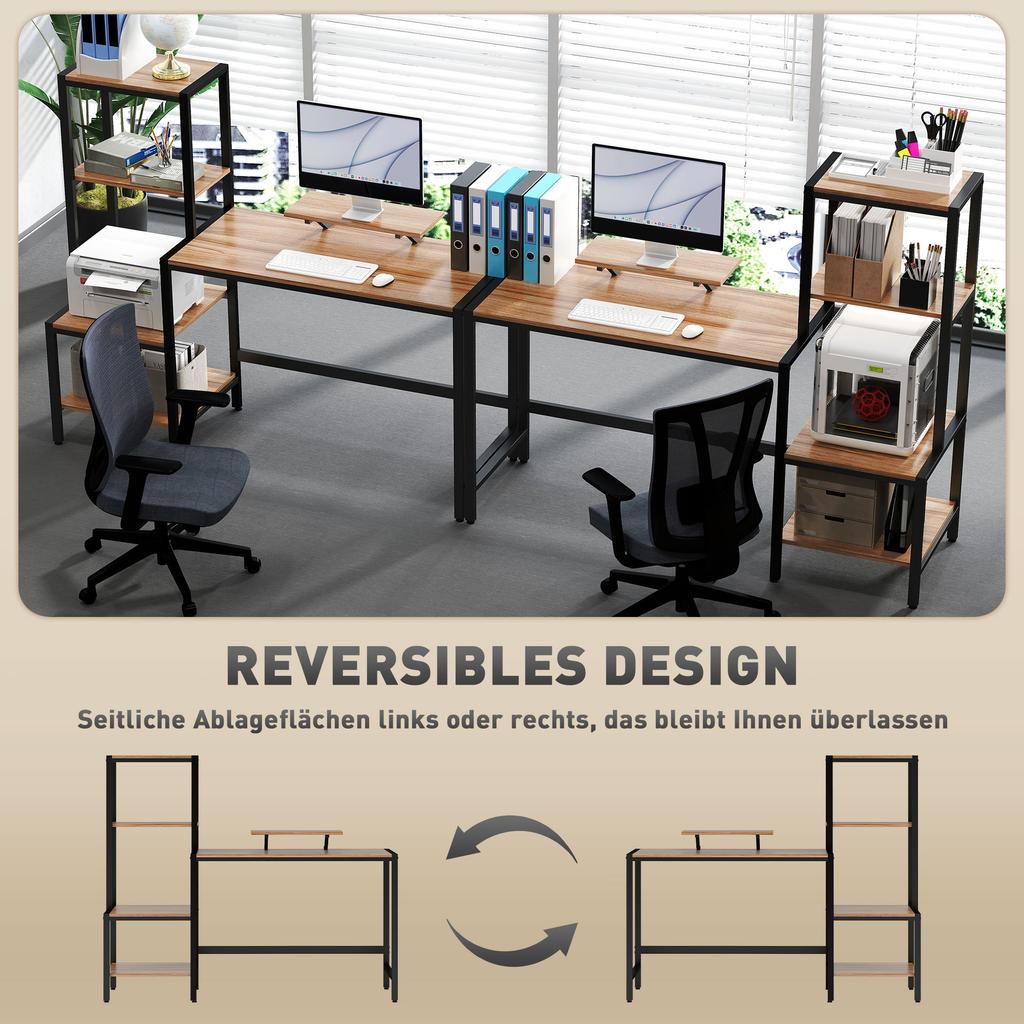 Computer Desk with Monitor Stand, Desk with 4-Tier Shelf, Industrial Design, Brown
