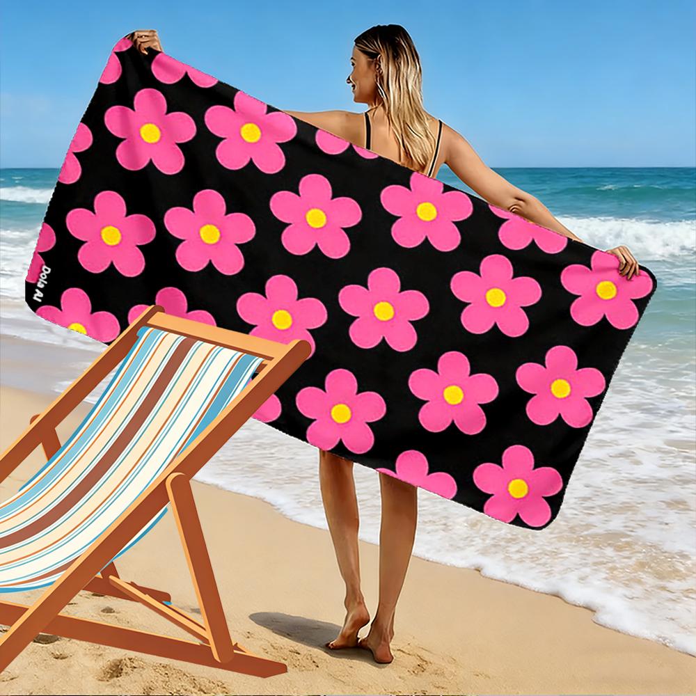 Pink Flowers On Black Background Beach Towel Quick-drying for Travel Outdoor Sports Jogging Beach and Swimming