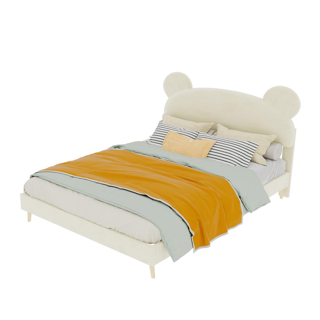 Modern Minimalist Upholstered Bed with Plush Cartoon-Themed Headboard, 140*200 cm, Beige, Multifunctional Bedroom Furniture, Low-Profile Solid Base