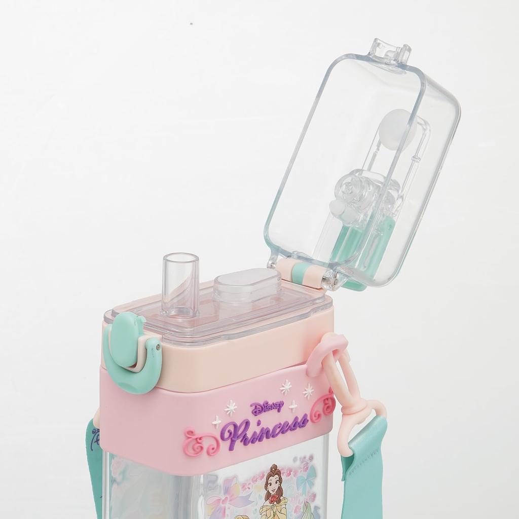 Skater Square 2-Way Water Bottle, 600ml, Straw, Direct Drinking, Cover, Shoulder Strap Included, Disney Princess, Girls, PSQW6-A
