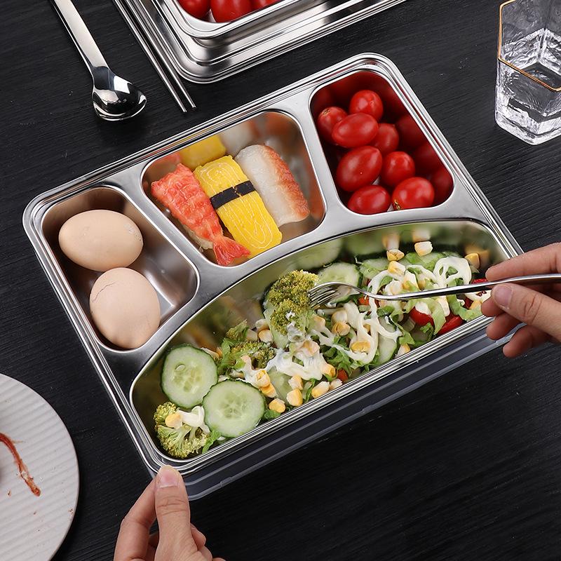 304 Stainless Steel Compartment Tray with Lid: Rectangular Fast Food and Canteen Rice Tray, Chinese Style