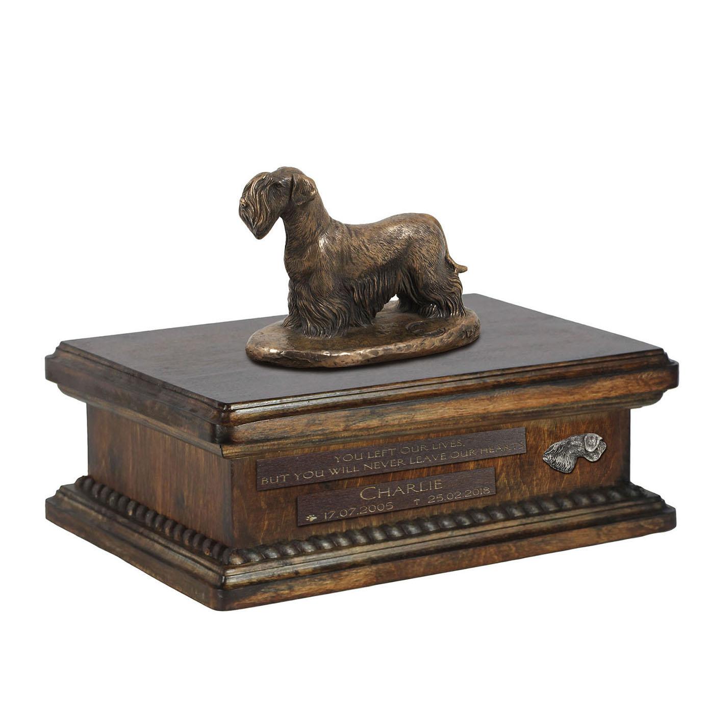 

Cesky Terrier, Czech Terrier, Bohemian Terrier - urn for dog ashes, personalized urn with a statue, wooden urn with a dog by Art-Dog brand коричневий