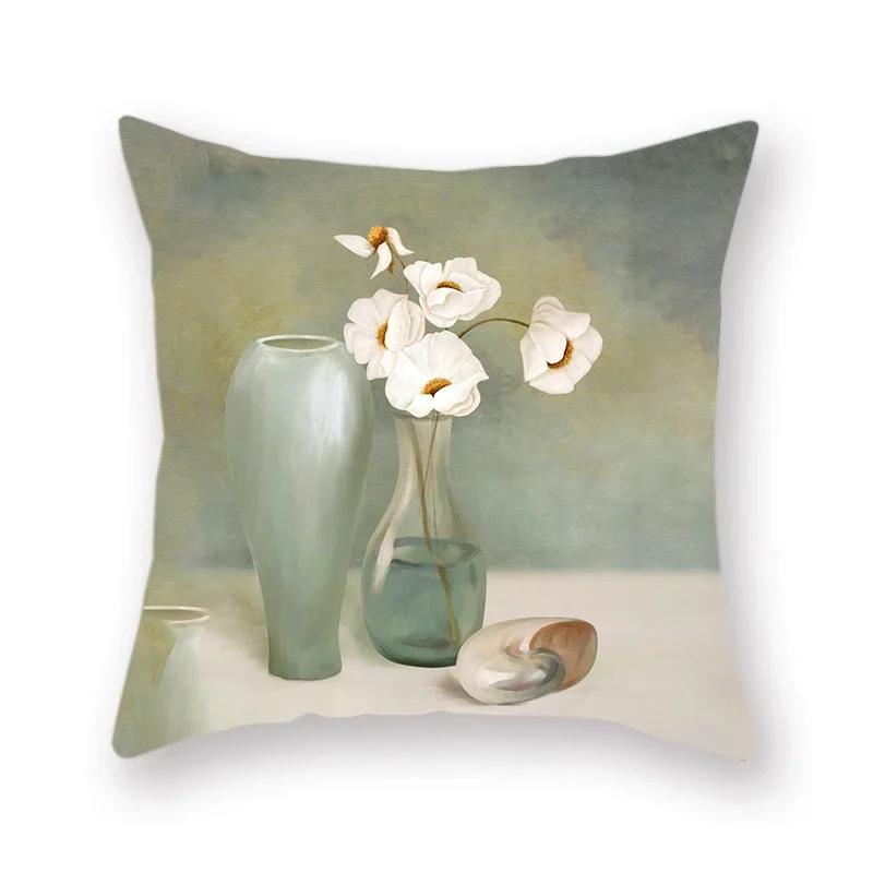 Oil Painting Flowers Vintage Vase Print Decorative Square Cushion Cover Purple Rose Home Polyester Pillowcase 45X45Cm