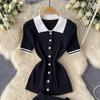 Two 2 Pieces Set for Women Summer Sexy Polo Collar Short Sleeve Buttons Knit Top and Elastic Waist Mini Pleated Skirt Suits