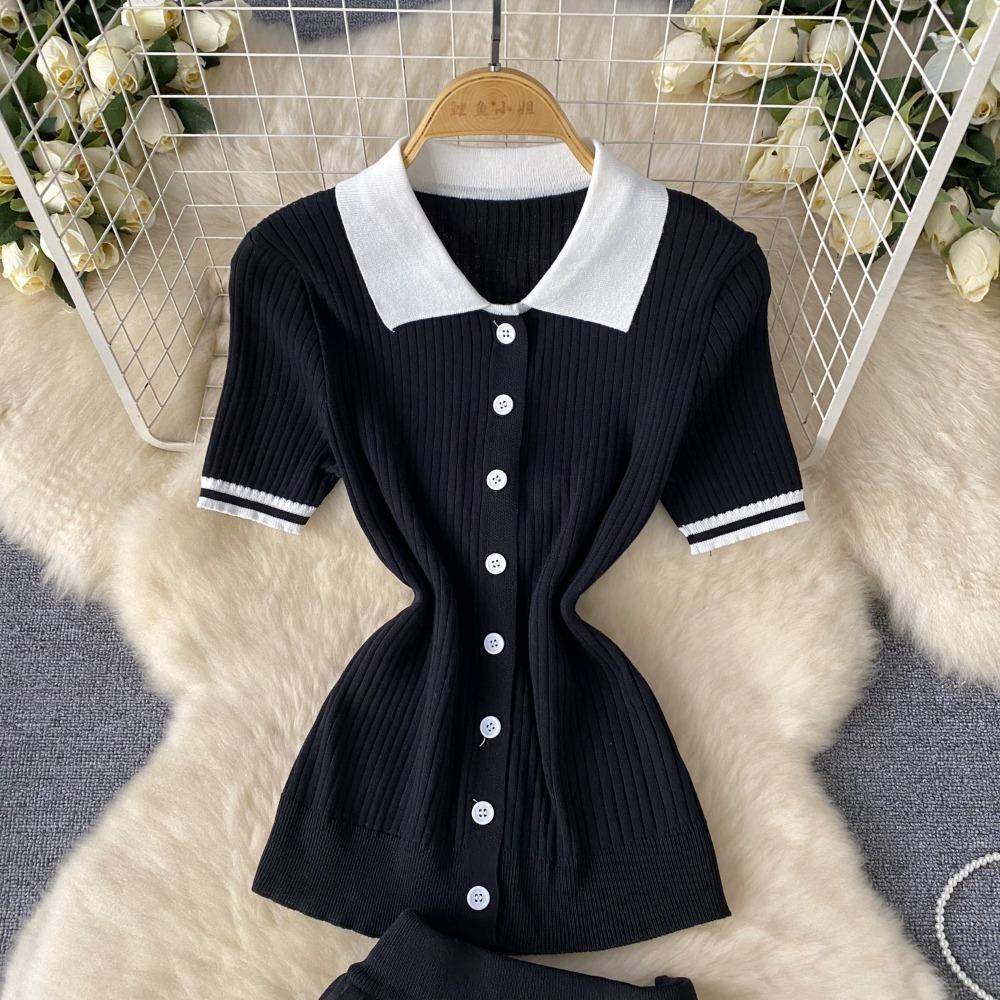 Two 2 Pieces Set for Women Summer Sexy Polo Collar Short Sleeve Buttons Knit Top and Elastic Waist Mini Pleated Skirt Suits