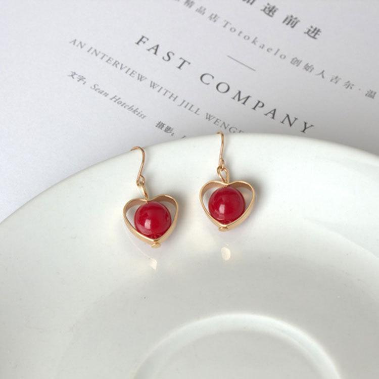 Minimalist Red Agate Heart-Shaped Drop Earrings: European & American Style, Hollow Design for Women