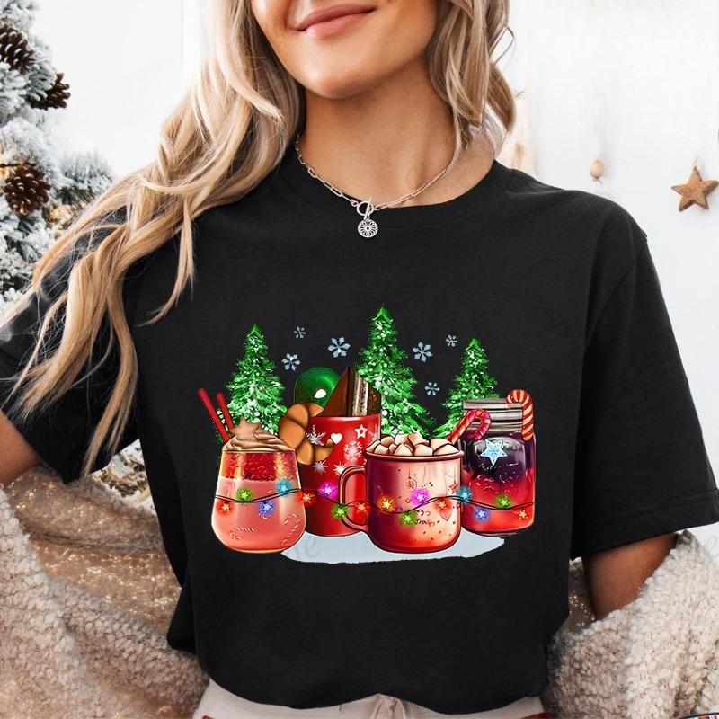 Lumières de Noël Verre à Vin Rouge T-shirt Femme Mode Fête de Noël Tops Harajuku Esthétique Décontractée Hauts de Fête pour Femmes