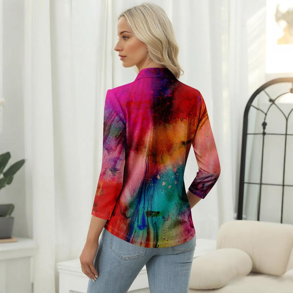Damen Casual Blumenmuster V-Ausschnitt 3/4 Ärmel Dekorative Knöpfe T-Shirt Top