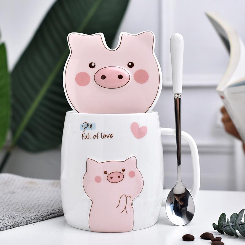 Creative Cartoon Cute Pig with Lid Ceramic Cup Boy and Girl Couple Mug Milk Cup Gift Cup Office Water Cup