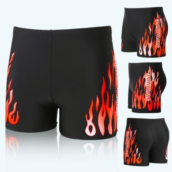 Inner Drawstring Mid-rise Swimming Trunks with Lining Elastic Waistband Breathable Men Flame Print Swim Shorts Beachwear